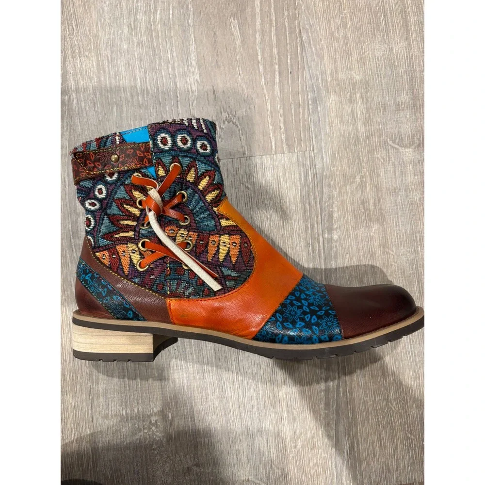 Bohemian Ankle Boots, Leather Accent, Colorful Fabric, Lace-Up, Side Zip‎ Sz 40